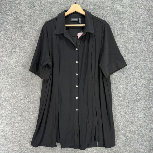 New Nina Leonard Shirt Dress Women 2X Plus Black Short Button Collared Casual - Picture 1 of 9